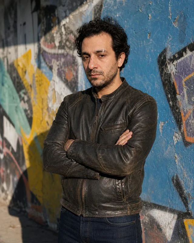 Leather and denim: in a worn leather jacket and dark denim against a graffiti wall, hard afternoon light, arms folded