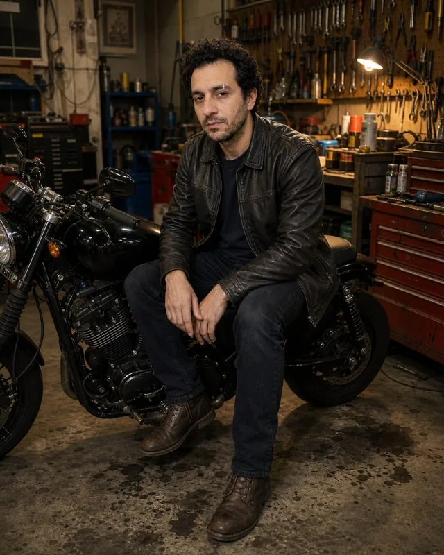 Leather and denim: sitting on a motorcycle seat in a garage in a leather jacket and boots, warm work lamps