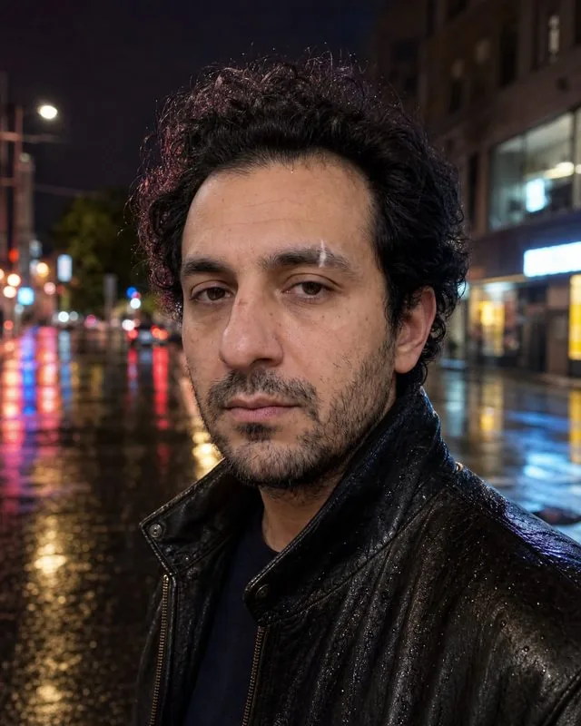 Leather and denim: on a wet night street with a leather jacket collar up, neon reflections in puddles