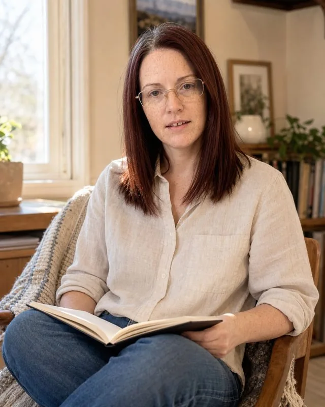 Life coach: seated cross-legged on a chair in a sunlit room, cream linen shirt, notebook in the lap, soft morning light