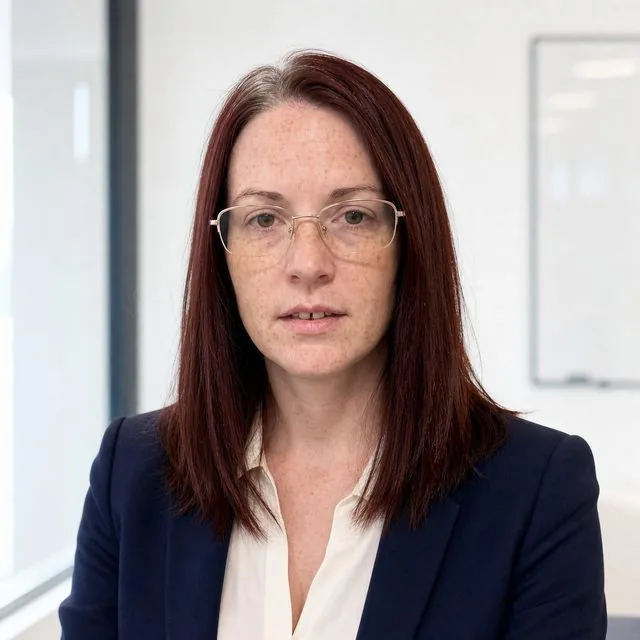 LinkedIn: a head-and-shoulders frame in front of a bright office wall, navy blazer over an open collar, relaxed posture