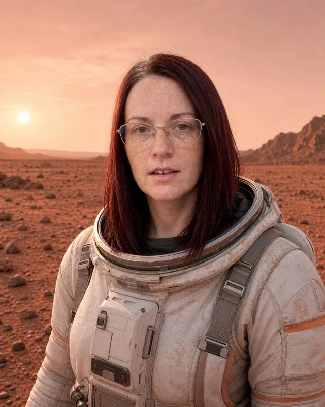 Life on Mars: in a modern pressure suit with the helmet off on rust-red terrain, dusty pink sky and low sun