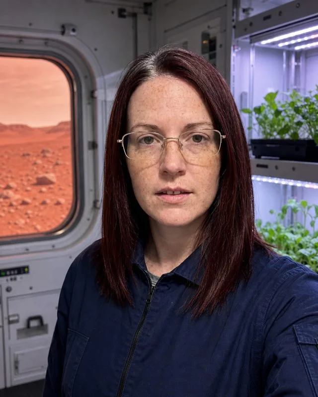 Life on Mars: inside a habitat module with plants under grow lights, mission coveralls