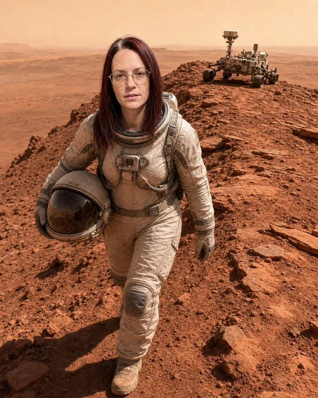 Life on Mars: walking a ridge of red rock in a pressure suit with the helmet under one arm, a rover behind