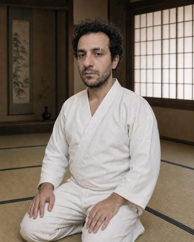 Martial arts: in a gi on a tatami mat in a traditional dojo, soft light from paper windows, calm posture