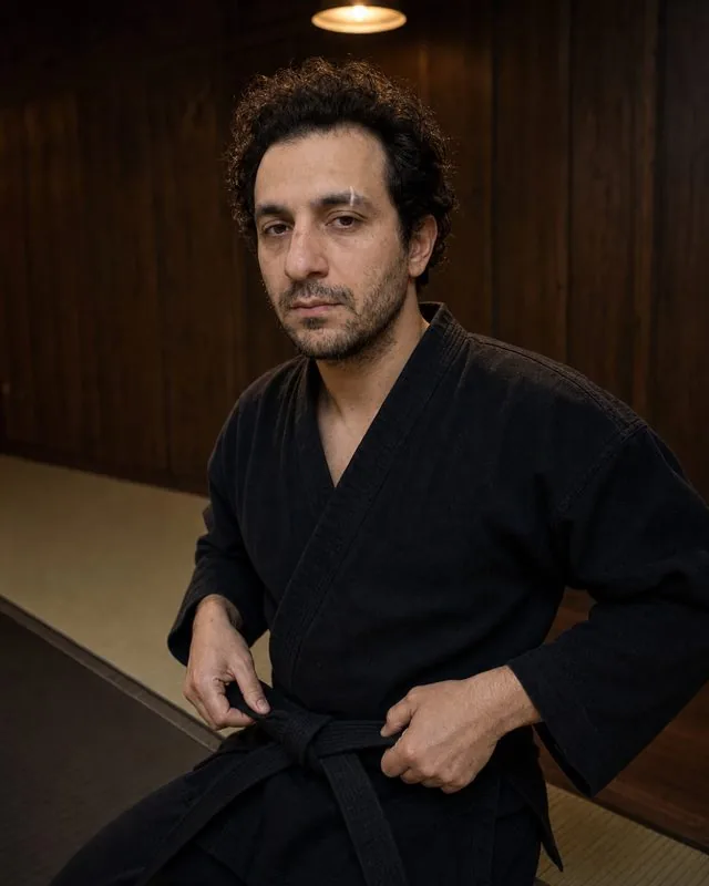 Martial arts: wrapping a belt at the edge of the mat, dark wooden walls, single warm overhead light