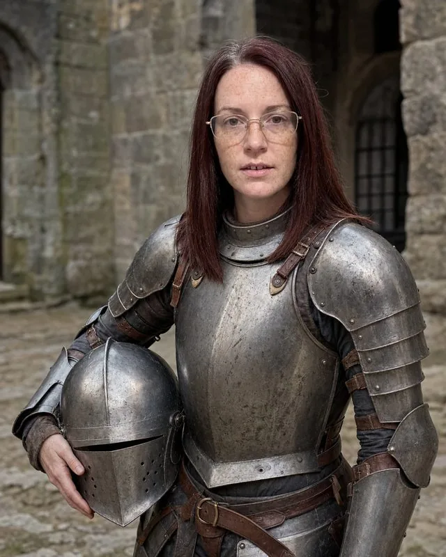 Knight: in plate armour in a castle courtyard, overcast light on scuffed steel, helmet under one arm