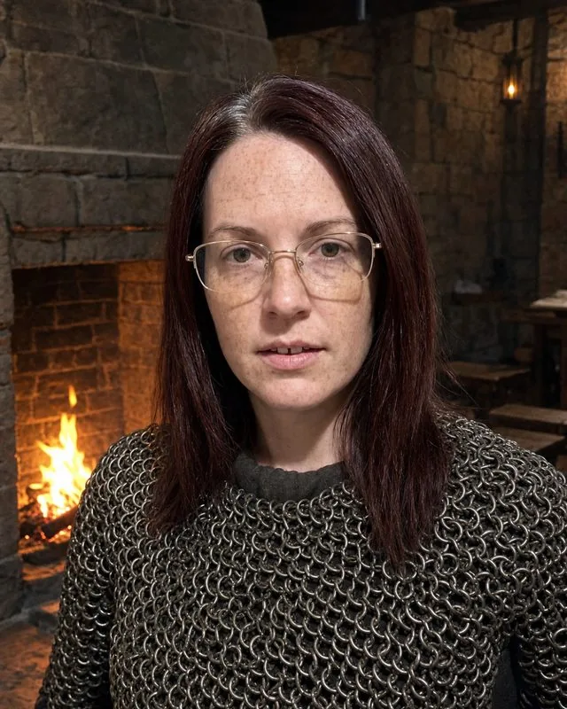 Knight: in chainmail by a fire in a stone hall, warm flickering light and deep shadow