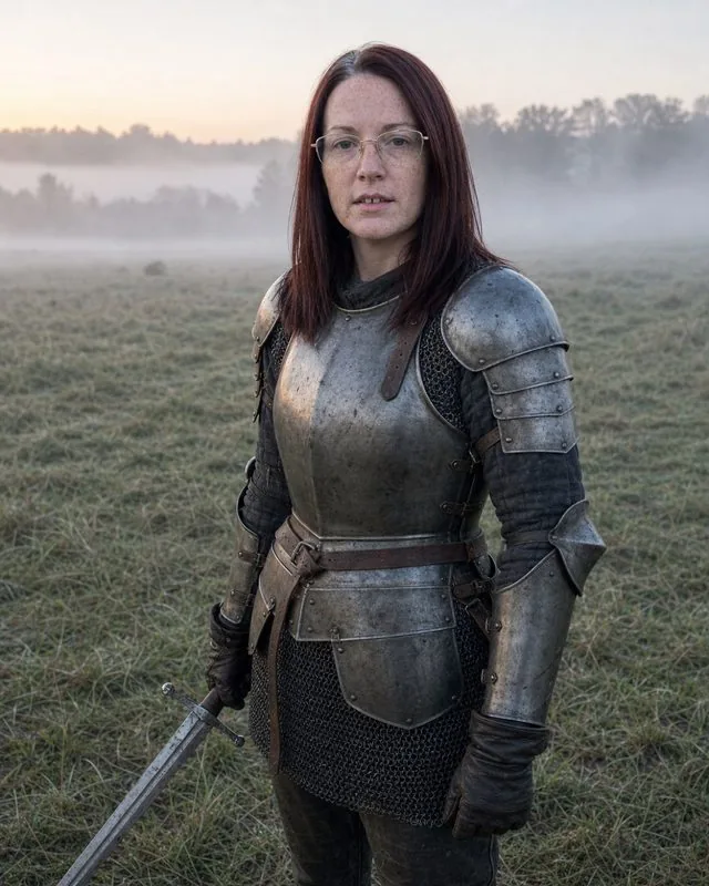 Knight: on a misty field at dawn in armour with a sword lowered, cold pale light