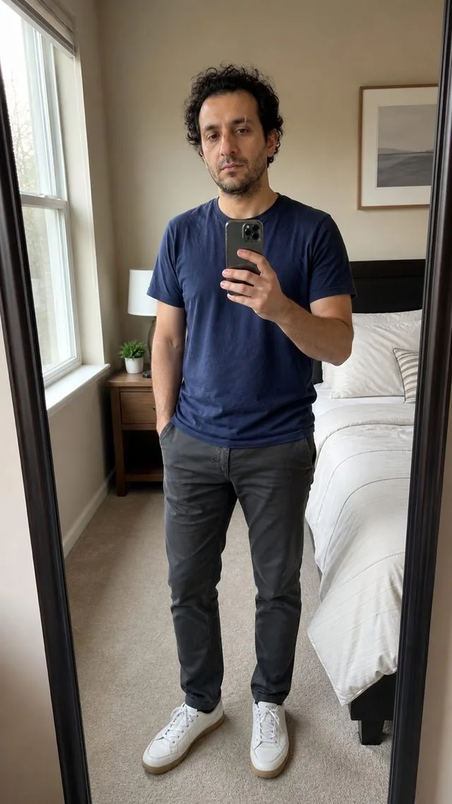 Mirror selfie: a full-length mirror selfie in a tidy bedroom holding a phone at chest height, casual outfit, soft daylight