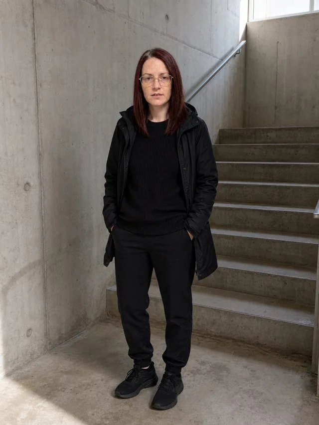 Monochrome layers: a full-length frame from head to toe with the entire figure and both shoes inside the frame