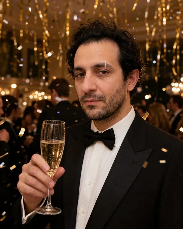 New Year's Eve: holding a glass of champagne at a party under gold streamers, black tie and dinner jacket