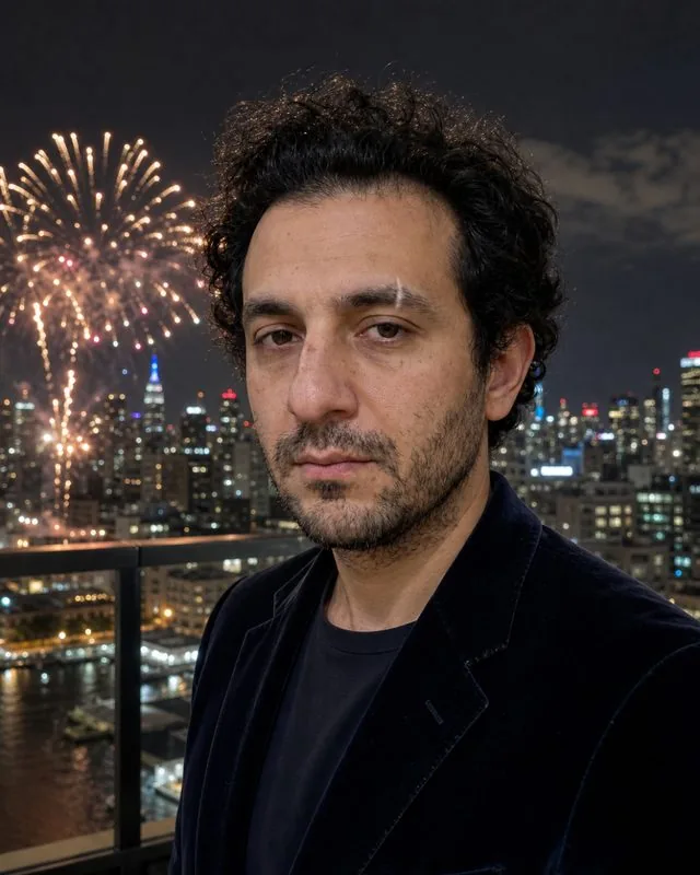 New Year's Eve: on a balcony at midnight in a velvet blazer, fireworks bursting over the city behind