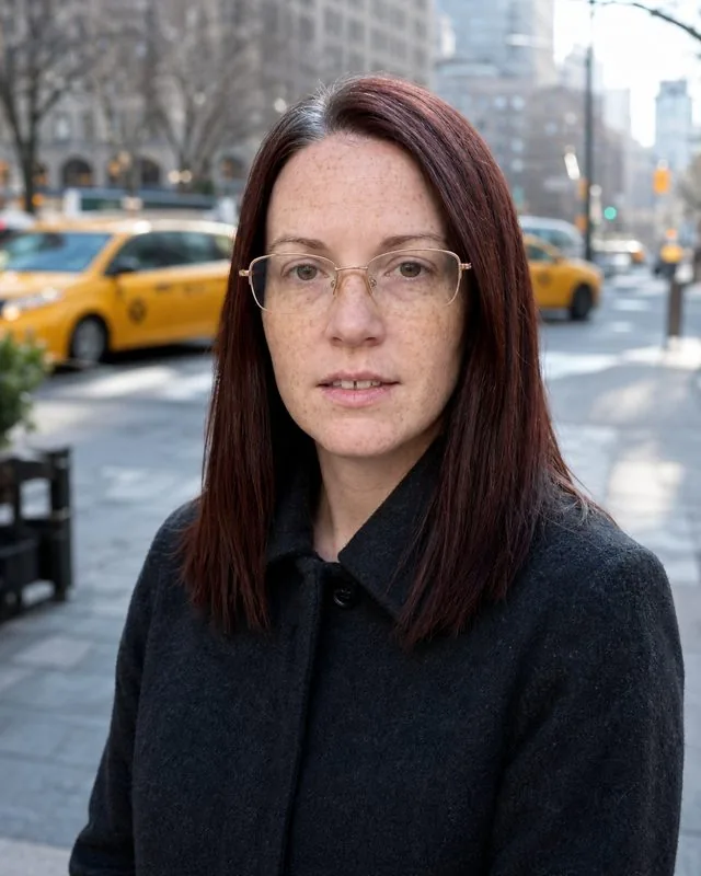 New York: on a Manhattan pavement with yellow cabs blurred behind, wool coat, cold bright winter light
