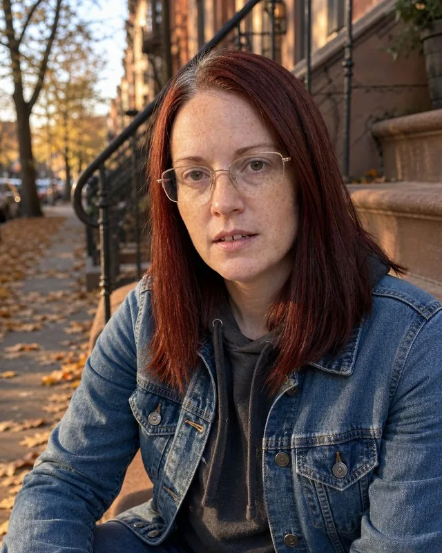 New York: sitting on brownstone steps in a quiet street, charcoal hoodie under a denim jacket