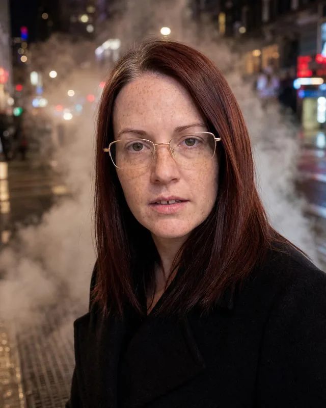 New York: in front of a steaming subway grate at night in a black wool coat