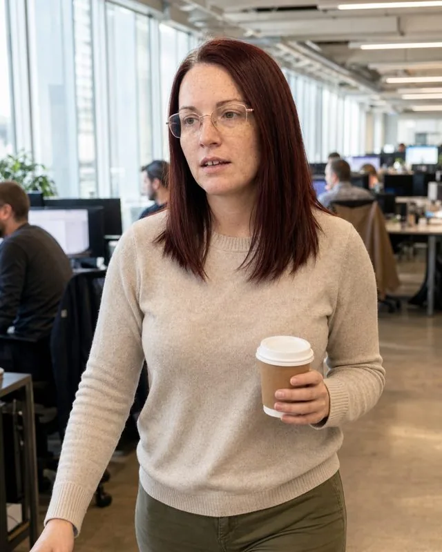 Office candid: walking through an open-plan office holding a coffee, motion in the background, daylight from tall windows