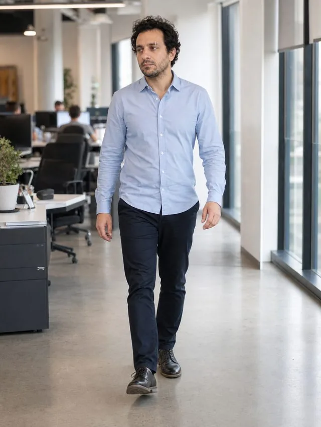 On the office floor: a full-length frame walking through an open-plan office, light blue shirt and dark chinos
