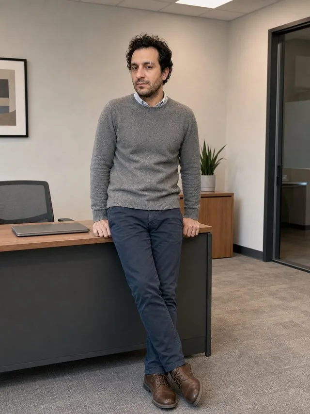 On the office floor: the whole figure leaning against the edge of a desk, grey knit sweater over a collared shirt