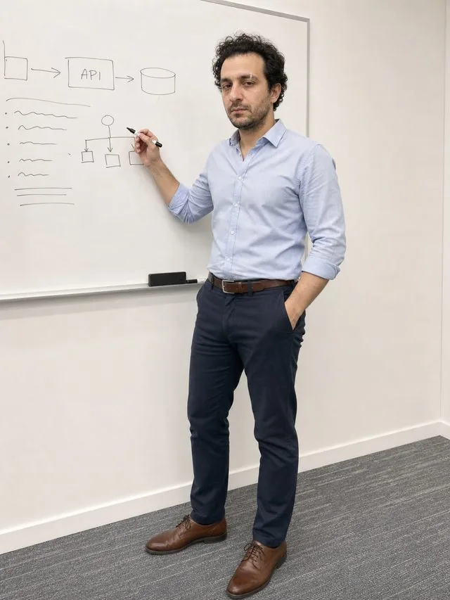 On the office floor: a head-to-toe frame standing at a whiteboard mid-explanation, rolled-sleeve shirt and belt, marker in hand