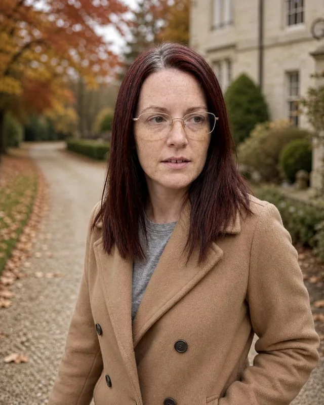 Old money: walking a gravel drive in a camel coat, autumn trees and stone facade out of focus behind