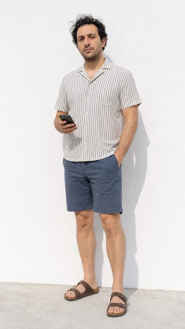 Outfit of the day: a full-length frame in front of a plain white wall holding a phone at hip height, striped shirt
