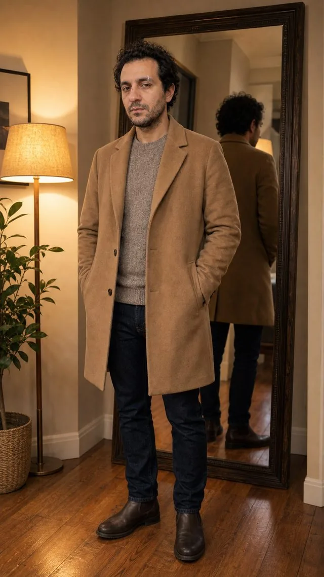 Outfit of the day: the whole figure standing on a wooden floor with a tall mirror behind, camel overcoat over a knit jumper