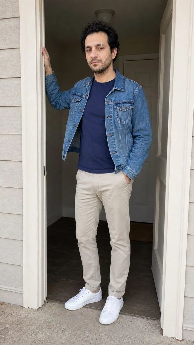 Outfit of the day: a head-to-toe frame in a doorway with one hand raised against the jamb, denim jacket over a plain tee
