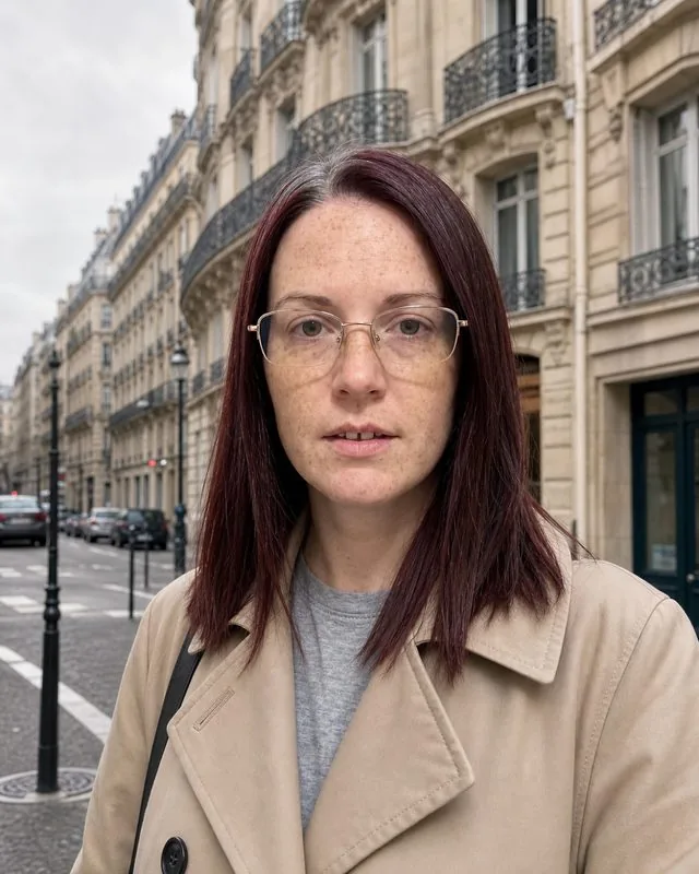 Paris: on a Parisian street with Haussmann balconies behind, trench coat, soft overcast light