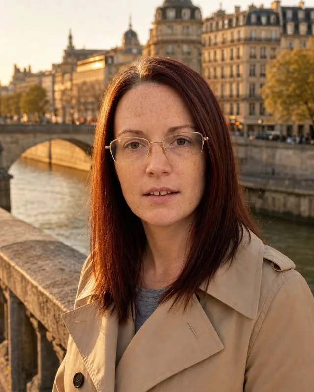 Paris: on a bridge over the Seine at golden hour in a beige trench coat, city stone warm in the low sun