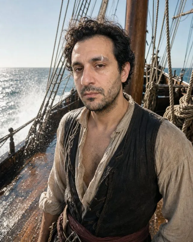 Pirate: on the deck of a wooden sailing ship in pirate clothing, rigging and sea spray, hard sun
