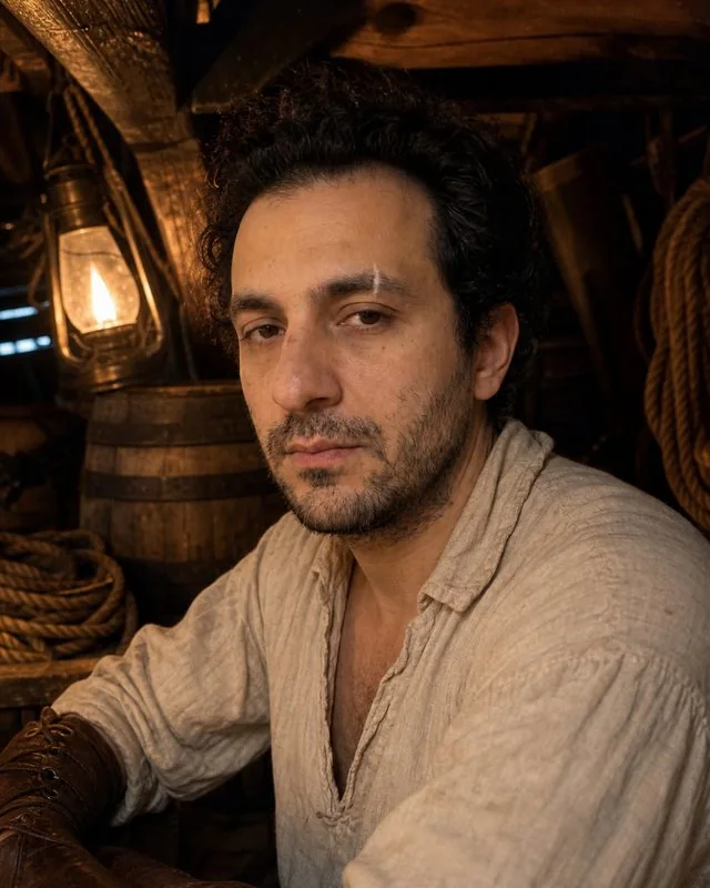 Pirate: below deck by lantern light with barrels and rope, linen shirt and leather bracers, warm glow and deep shadow