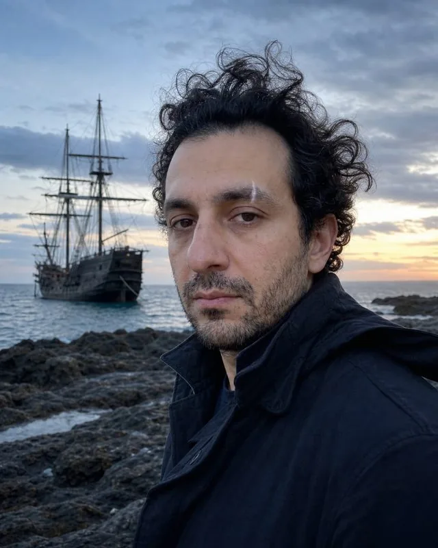 Pirate: on a rocky shore at dusk with the ship anchored behind, wind in coat and hair