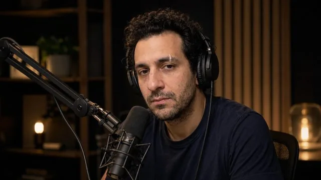 Podcast host: seated at a studio desk behind a large condenser microphone on a boom arm, headphones on, moody warm key light