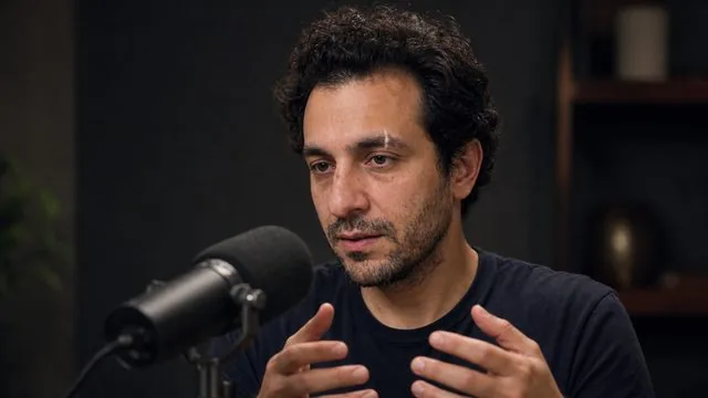 Podcast host: a closer frame past the microphone, hands mid-gesture, shallow depth of field and deep shadows