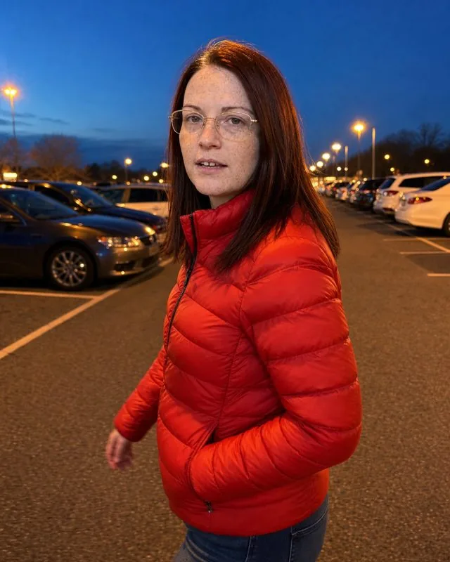 Puffer jacket: walking through a car park at dusk in a bright puffer jacket, street lamps warm against blue sky