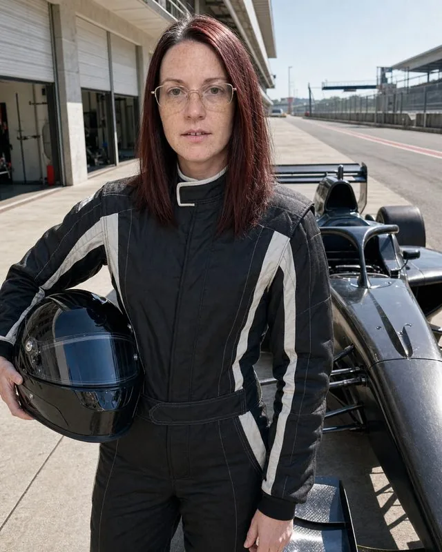 Race driver: in a racing suit beside a single-seater in the pit lane, helmet under one arm, harsh daylight