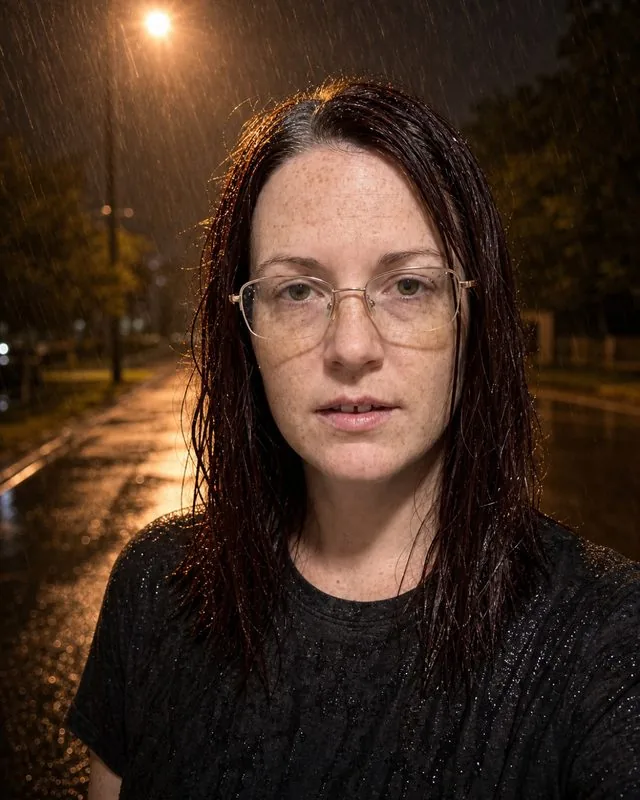 Rain window: standing in the rain at night under a street lamp, wet hair and shoulders, warm backlight