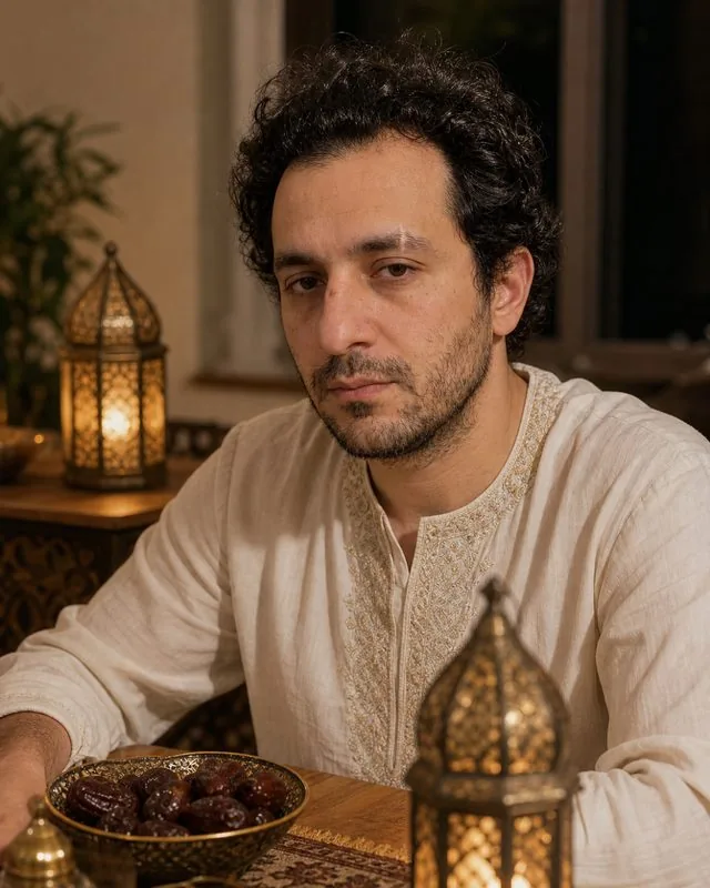 Ramadan: at a table set for iftar with dates and lanterns, light embroidered tunic, warm low light, calm expression
