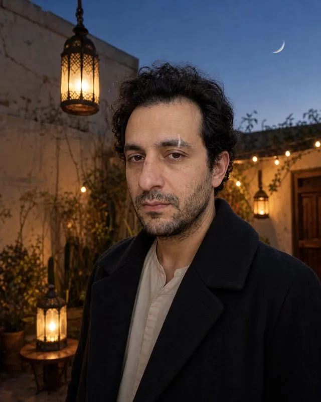 Ramadan: in a courtyard at dusk with hanging lanterns and a crescent moon, long dark coat over a pale tunic