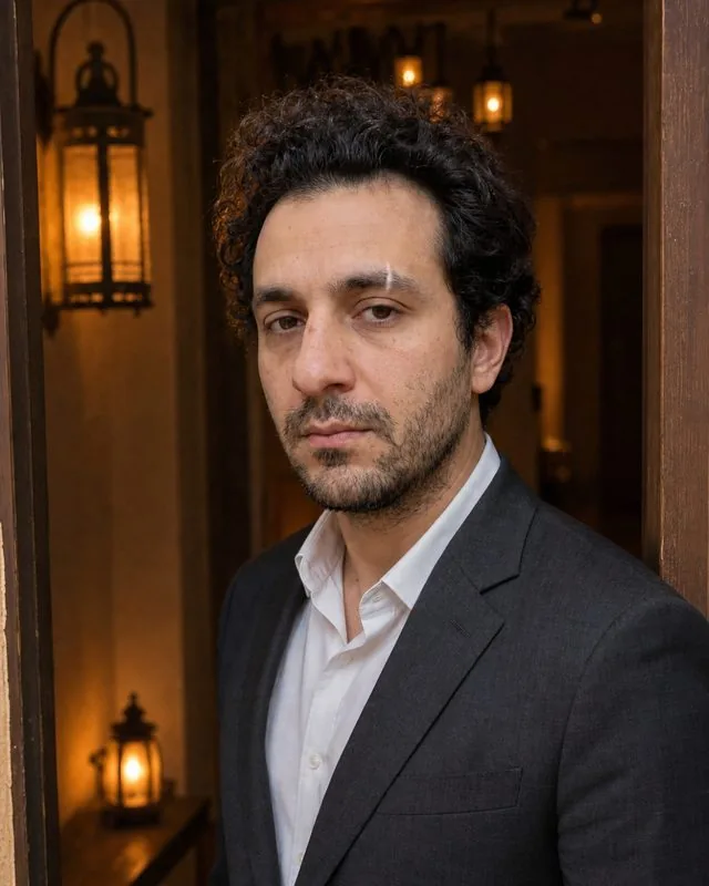 Ramadan: in a doorway of a lantern-lit room in formal clothing, warm reflected light