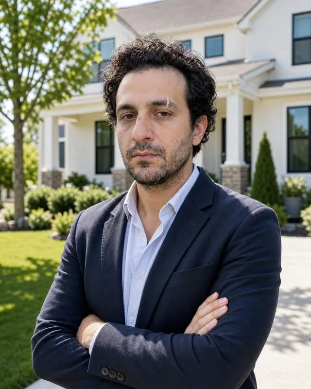 Real estate agent: standing in front of a bright suburban house with arms folded, blazer over an open collar, clear midday light
