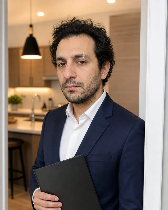 Real estate agent: in the doorway of a staged modern kitchen, holding a folder, navy blazer over a white shirt