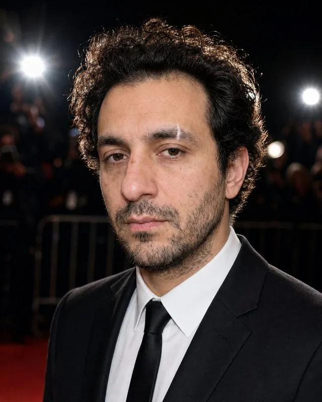 Red carpet: on a red carpet under press flashes, formal outfit, bright hard flash and dark background