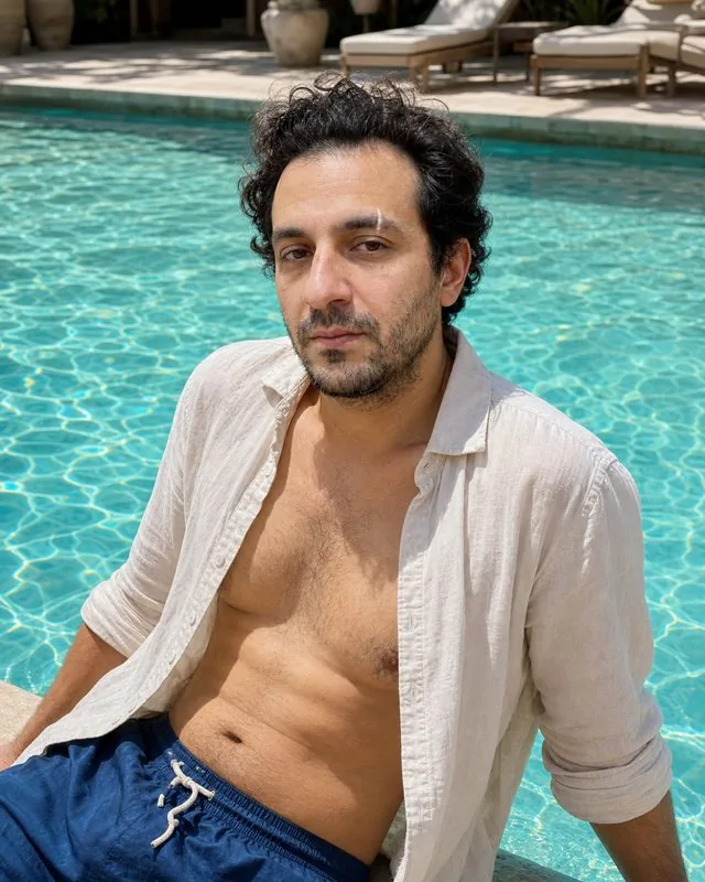 Resort: poolside at a resort in swimwear with a light open shirt, bright midday sun, turquoise water behind