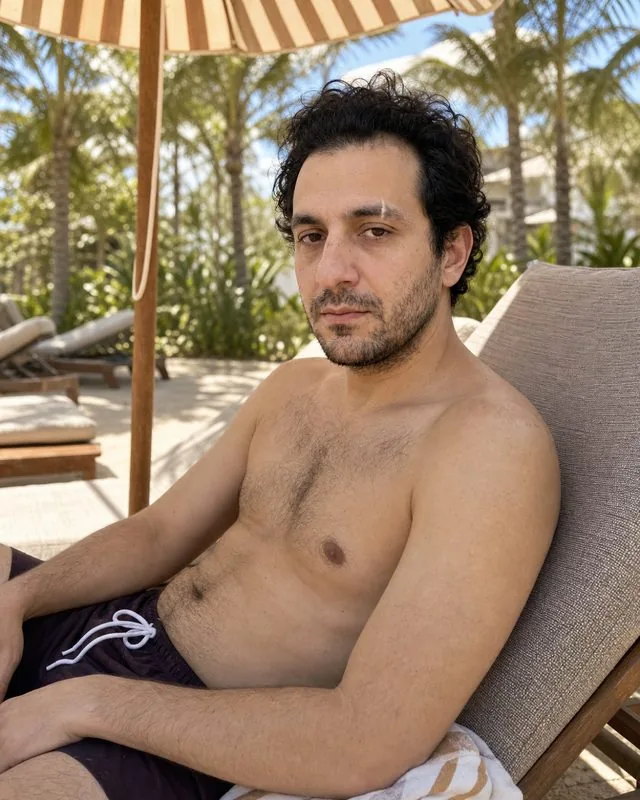 Resort: seated on a sun lounger under a striped parasol in swim shorts, warm reflected light, palms out of focus