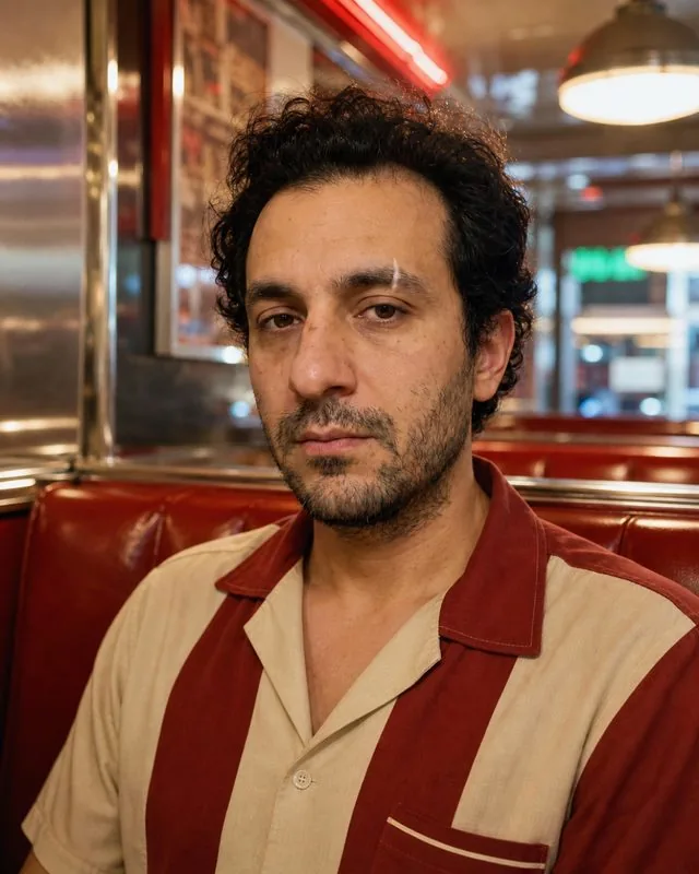1950s diner: in a red vinyl booth of an American diner in 1950s clothing, chrome trim and neon, warm saturated colour