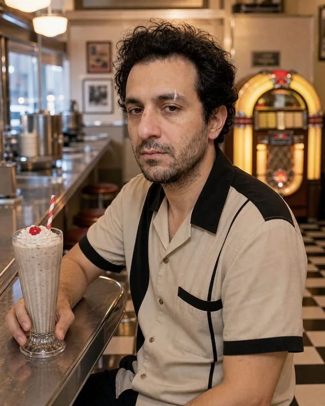 1950s diner: at the counter with a milkshake, bowling shirt, checkerboard floor and jukebox behind, period styling