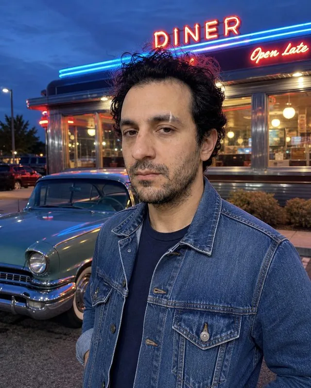 1950s diner: outside the diner at dusk in a cuffed denim jacket, glowing neon sign above and a vintage car parked behind