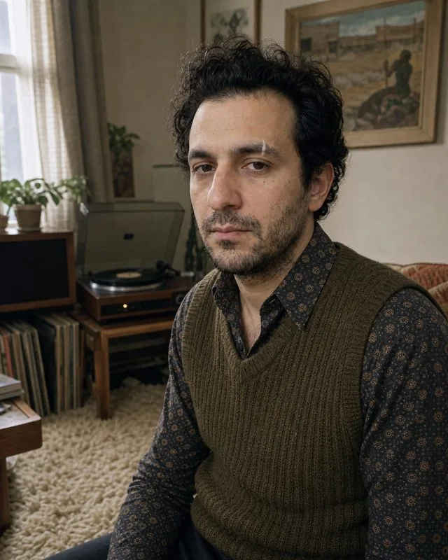 1970s: in a living room with shag carpet and a record player, knitted tank top over a patterned shirt